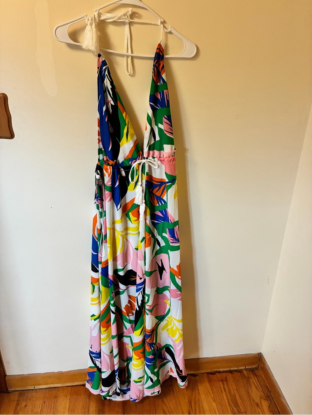 Tropical Multicolor Halter Maxi Dress with Rope Waist